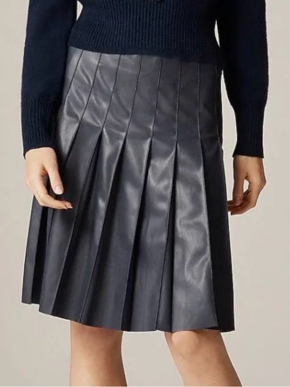 J. Crew Navy Pleated Faux Leather Midi Skirt